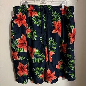 KANU SURF Hawaiian Floral Swim Trunks Navy Blue Green Orange Men's Size 4X GUC‎